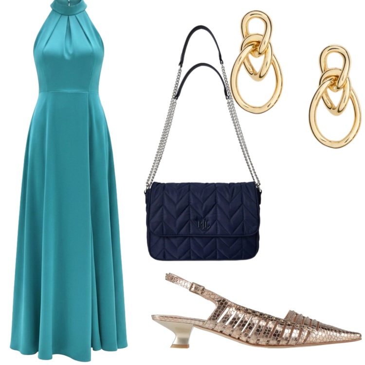 Outfit donna - Ottanio e oro effetto lusso. Stile Chic per Cerimonia. Abbinamento con décolleté, vestiti lunghi, orecchini, borse a tracolla.