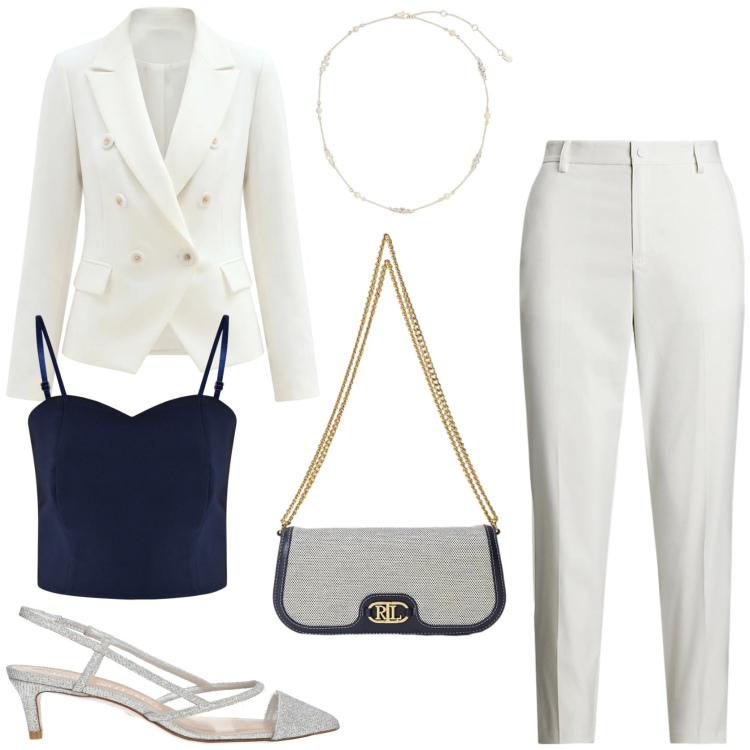 Outfit donna - Momenti speciali. Stile Chic per Cerimonia. Abbinamento con décolleté, blazer, top, pantaloni, collane, borse a spalla.