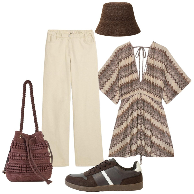 Outfit donna - Punto vita protagonista. Stile Casual chic per Tutti i giorni. Abbinamento con pantaloni a palazzo, borse a secchiello, sneakers, caftani, cappelli.