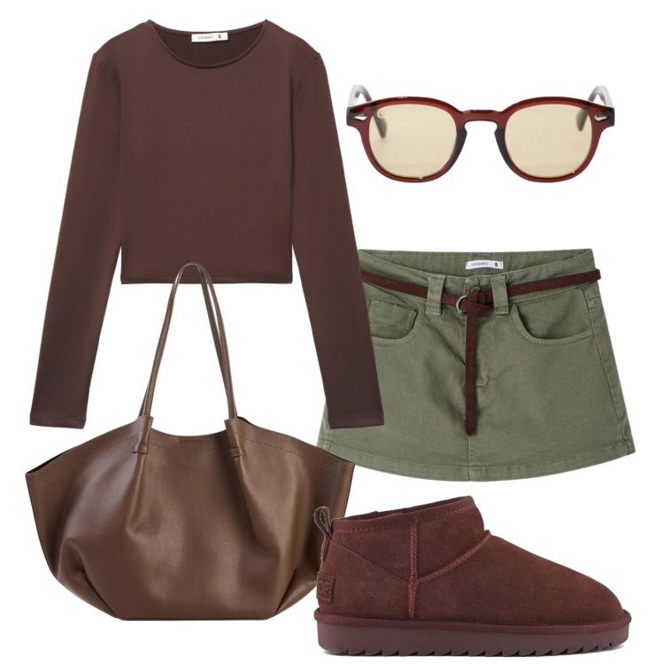 Outfit donna - Total look #2401799. Stile Trendy per Scuola/Università. Abbinamento con shopping bag, t-shirt, minigonne, occhiali da sole, stivali.