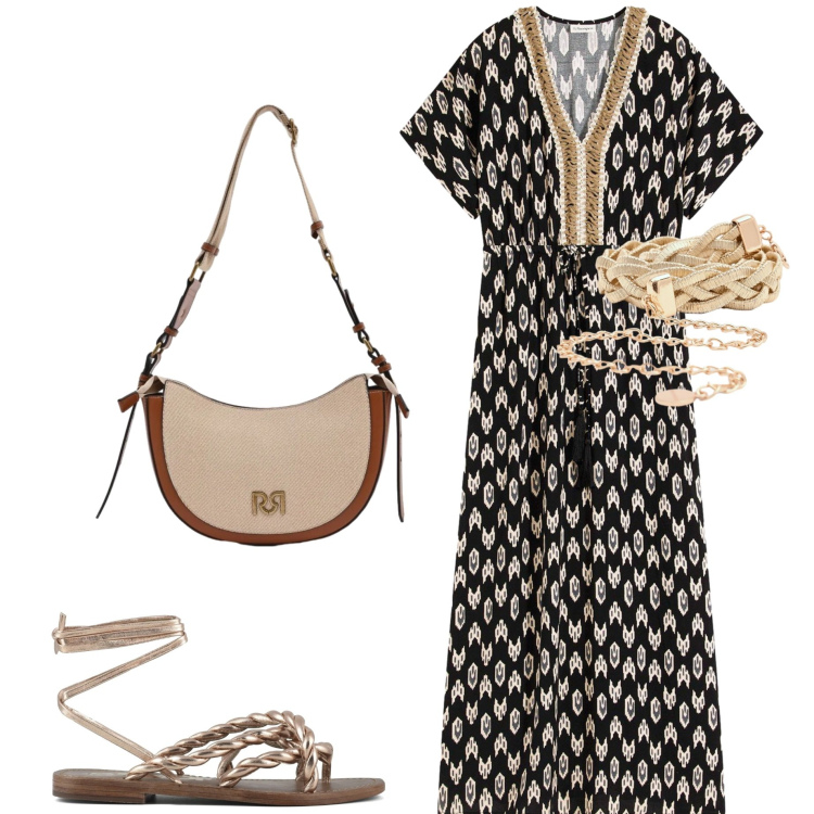 Outfit donna - Caldo estivo. Stile Etnico per Tutti i giorni. Abbinamento con vestiti lunghi, cinture, borse a tracolla, sandali in pelle.