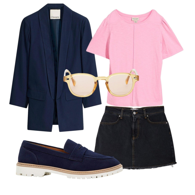 Outfit donna - Total look #2401801. Stile Urban per Scuola/Università. Abbinamento con mocassini, t-shirt, blazer, minigonne, occhiali da sole.
