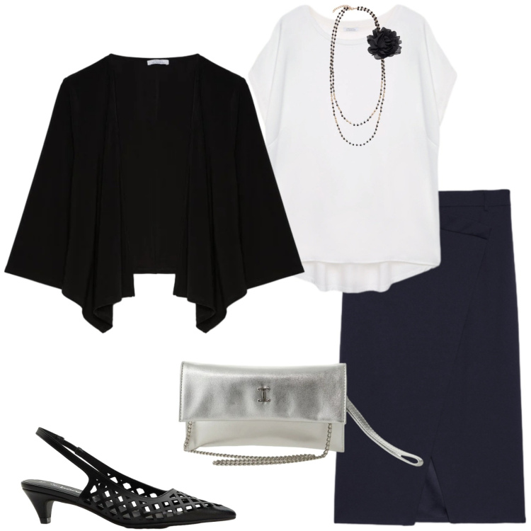 Outfit donna - Black and White curvy. Stile Casual chic per Cerimonia. Abbinamento con décolleté, borse a tracolla, bluse, blazer, collane, gonne longuette.