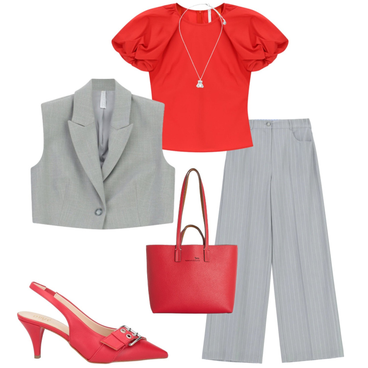 Outfit donna - Maniche a palloncino. Stile Chic per Serata fuori. Abbinamento con décolleté, shopping bag, gilet, pantaloni a palazzo, bluse, ciondoli.