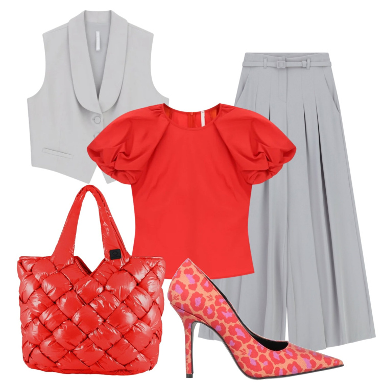 Outfit donna - Total look #2401810. Stile Mannish per Ufficio. Abbinamento con décolleté, pantaloni a palazzo, bluse, gilet, borse tote.