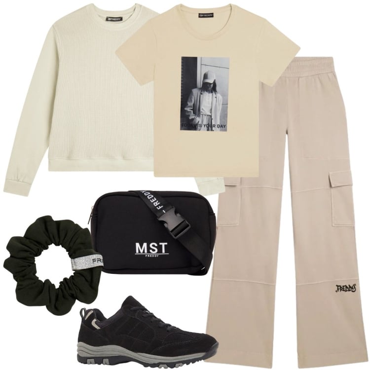 Outfit donna - Total look #2401812. Stile Sporty chic per Sport. Abbinamento con scarpe sportive, pantaloni cargo, felpe, t-shirt, accessori per capelli, borse sportive.