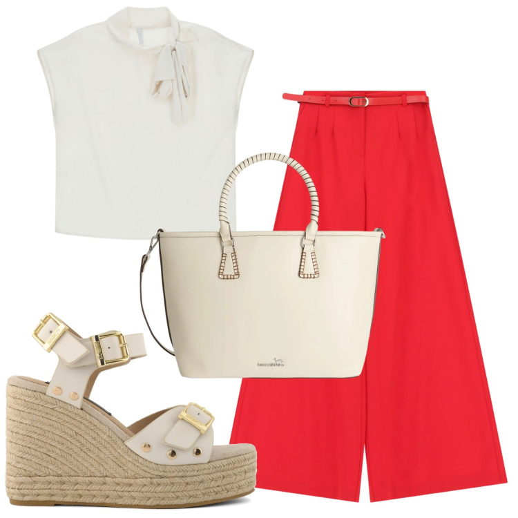 Outfit donna - Total look #2401818. Stile Casual chic per Tutti i giorni. Abbinamento con pantaloni a palazzo, canottiere, shopping bag, zeppe.