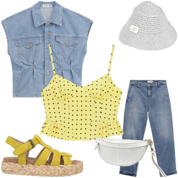 Outfit donna - Total look #2401828. Stile Casual chic per Tutti i giorni. Abbinamento con espadrillas, marsupi, cappelli con visiera, gilet, jeans, canottiere.