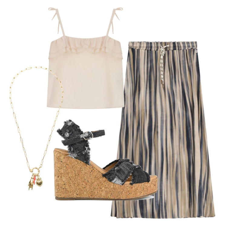 Outfit donna - Total look #2401829. Stile 70s per Serata fuori. Abbinamento con gonne lunghe, top, ciondoli, zeppe.