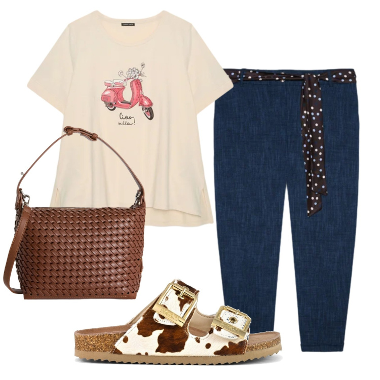 Outfit donna - Total look #2401834. Stile Casual per Tutti i giorni. Abbinamento con borse a spalla, jeans, t-shirt, sandali in pelle.