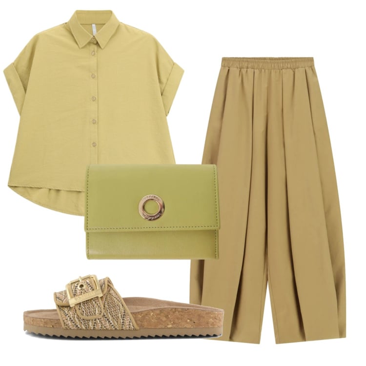 Outfit donna - Total look #2401837. Stile Minimal per Tutti i giorni. Abbinamento con pantaloni a palazzo, portafogli, camicie a manica corta, sandali.