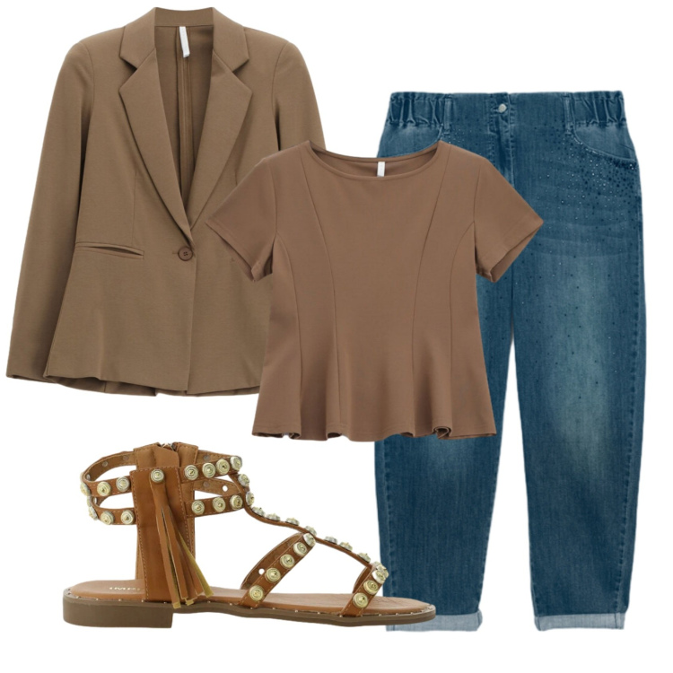 Outfit donna - Total look #2401838. Stile Minimal per Ufficio. Abbinamento con top, blazer, sandali, jeans.