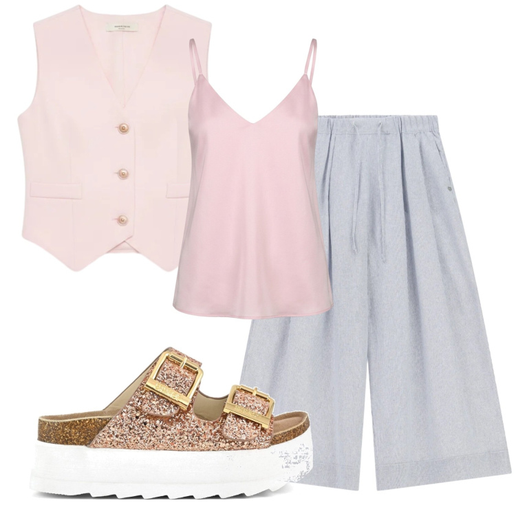 Outfit donna - Total look #2401839. Stile Trendy per Tutti i giorni. Abbinamento con pantaloni a palazzo, gilet, top, sandali.