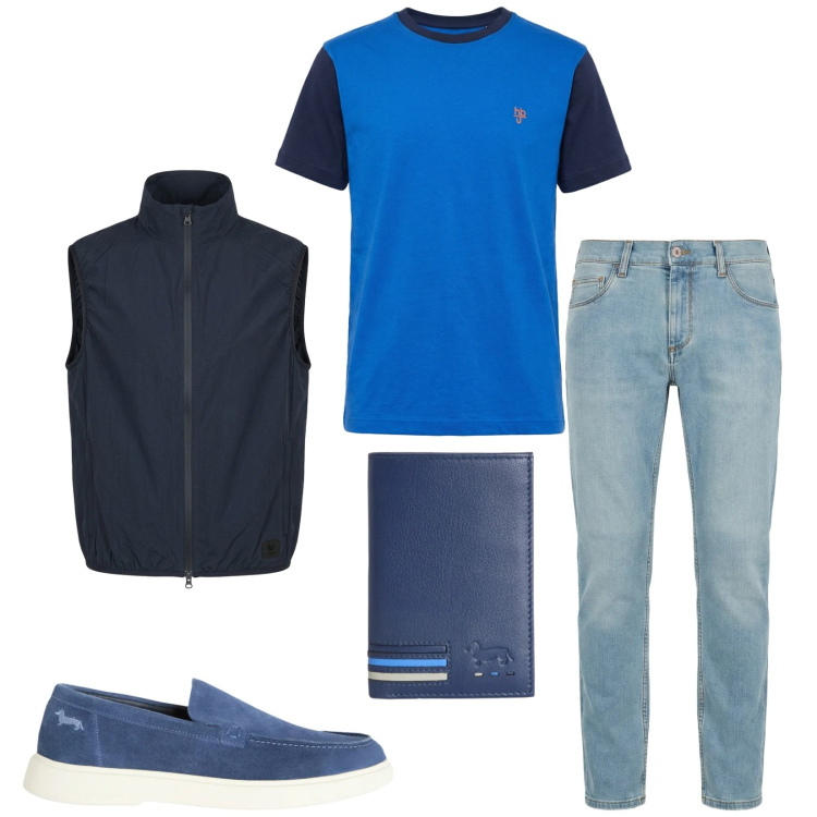 Outfit uomo - Total look #2401843. Stile Casual per Tutti i giorni. Abbinamento con jeans slim fit, t-shirt, scarpe stringate, portafogli, gilet.