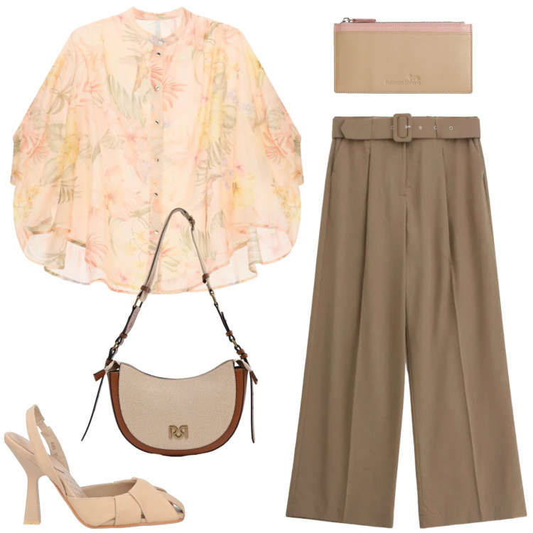 Outfit donna - Aperitivo primaverile. Stile Casual chic per Serata fuori. Abbinamento con décolleté, borse a tracolla, bluse, portafogli, pantaloni a palazzo.