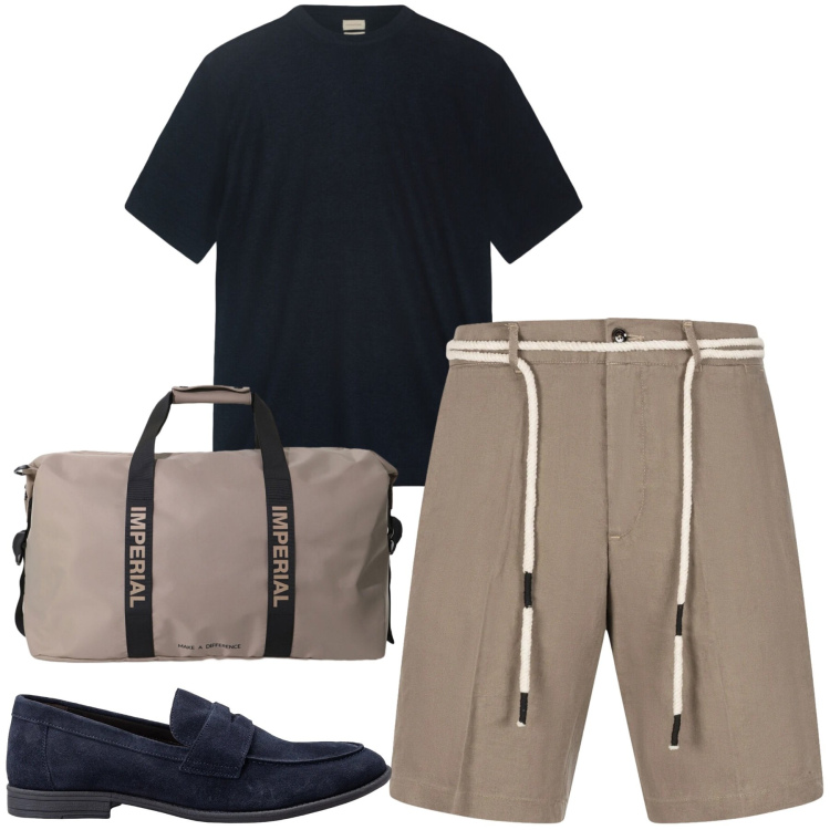 Outfit uomo - Weekend. Stile Trendy per Tutti i giorni. Abbinamento con borse sportive, scarpe stringate, bermuda, t-shirt.