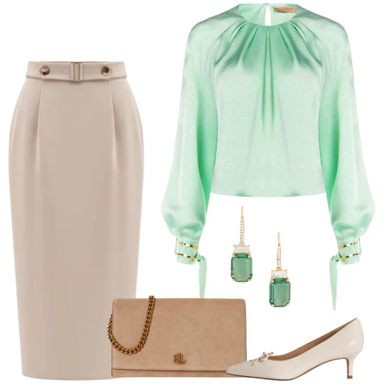 Outfit donna - crema e verde tenue. Stile Chic per Cerimonia. Abbinamento con bluse, gonne longuette, borse a tracolla, décolleté, orecchini.