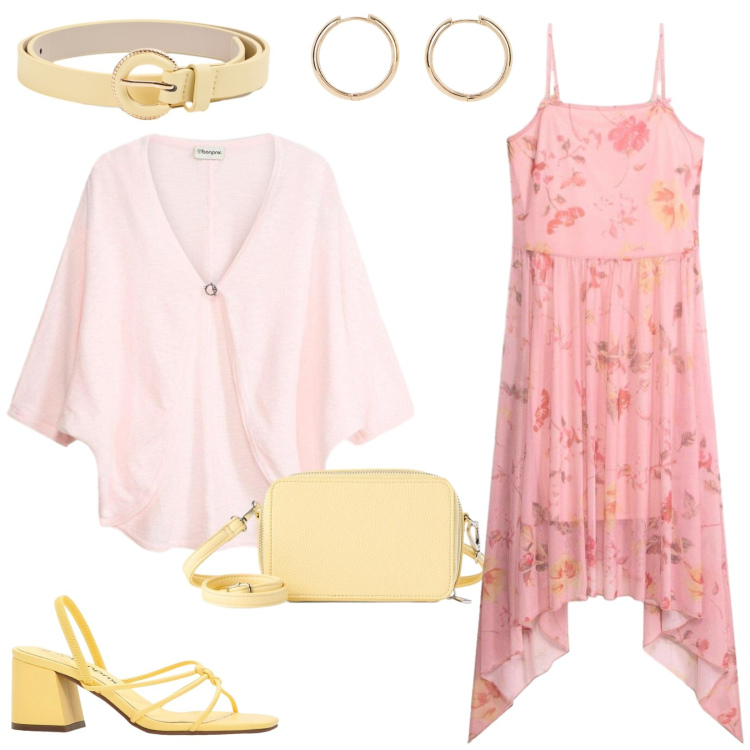 Outfit donna - Rosa. Stile Romantica per Serata fuori. Abbinamento con borse a tracolla, sandali col tacco, orecchini, cardigans, vestiti midi/longuette, cinture.