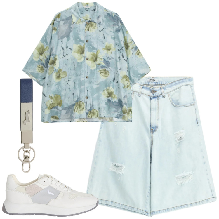 Outfit uomo - Weekend. Stile Casual per Tutti i giorni. Abbinamento con camicie a manica corta, bermuda, portachiavi, sneakers.