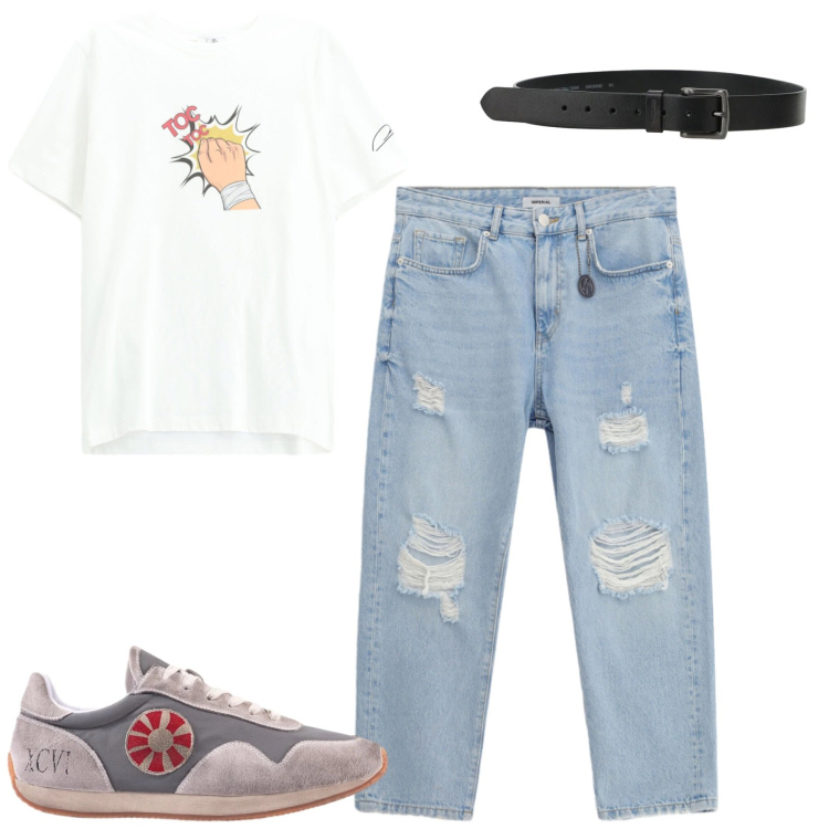 Outfit uomo - City. Stile Casual per Tutti i giorni. Abbinamento con jeans strappati, t-shirt, cinture, sneakers.