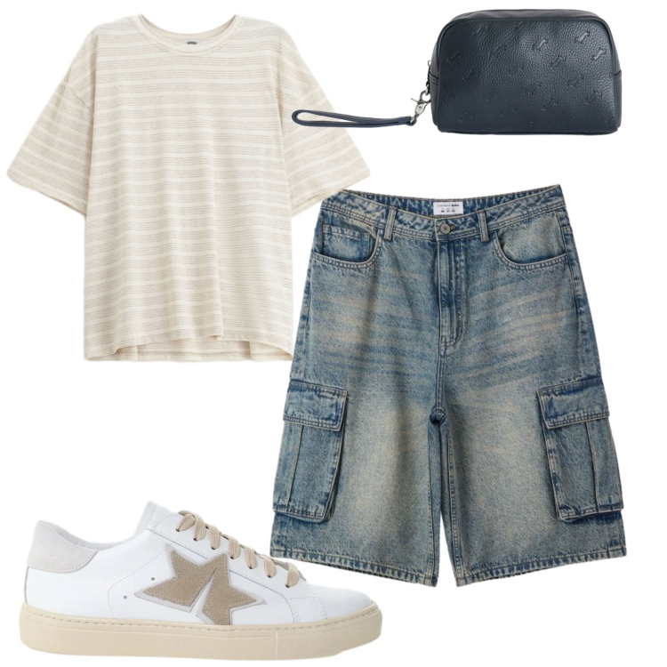 Outfit uomo - City. Stile Casual per Tutti i giorni. Abbinamento con pantaloni corti, borse sportive, t-shirt, sneakers.