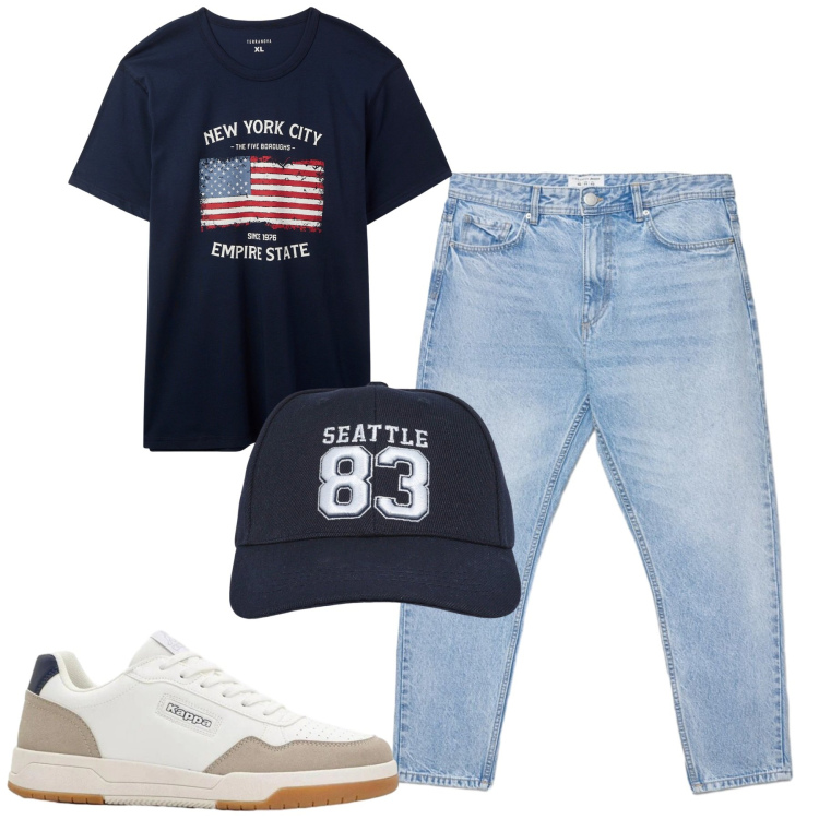 Outfit uomo - City. Stile Casual per Tutti i giorni. Abbinamento con sneakers, cappelli, t-shirt, jeans.