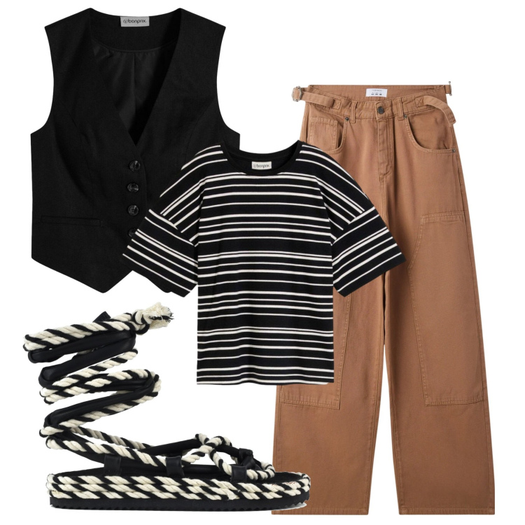 Outfit donna - Total look #2401894. Stile Trendy per Tutti i giorni. Abbinamento con t-shirt, gilet, pantaloni, sandali.