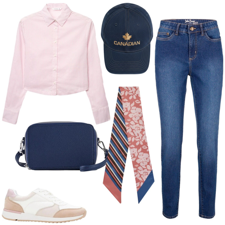 Outfit donna - In jeans. Stile Casual per Tutti i giorni. Abbinamento con jeans skinny, borse a tracolla, sneakers, camicie, foulard, berretti.