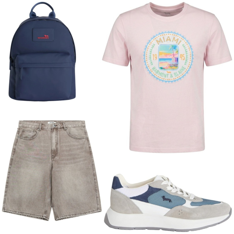 Outfit uomo - Tempo libero. Stile Casual per Tutti i giorni. Abbinamento con bermuda, sneakers, borse sportive, t-shirt.