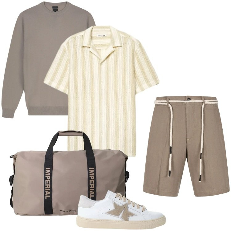 Outfit uomo - Total look #2401898. Stile Trendy per Mare. Abbinamento con camicie a manica corta, sneakers, borse sportive, maglieria, bermuda.