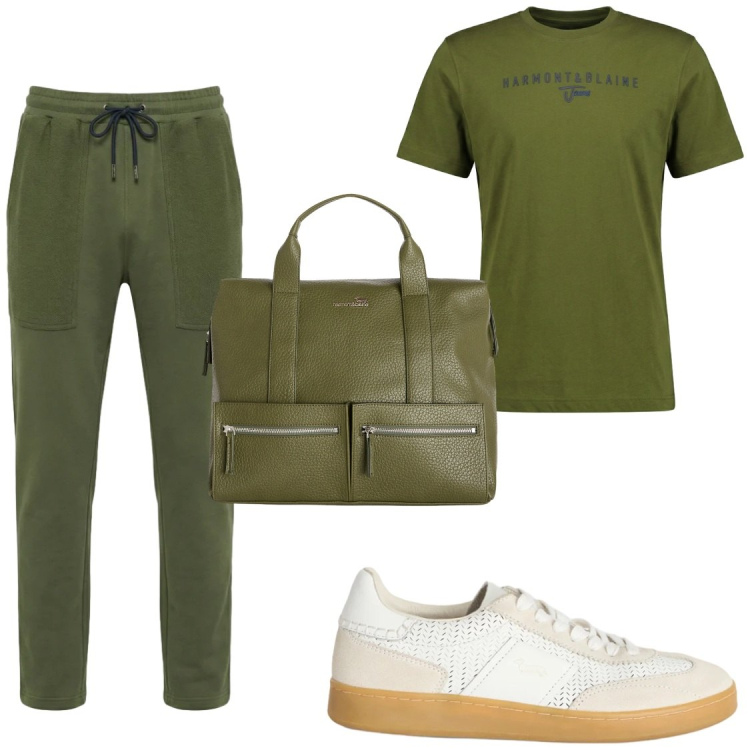 Outfit uomo - Tempo libero. Stile Casual per Tutti i giorni. Abbinamento con sneakers, borse sportive, pantaloni, t-shirt.