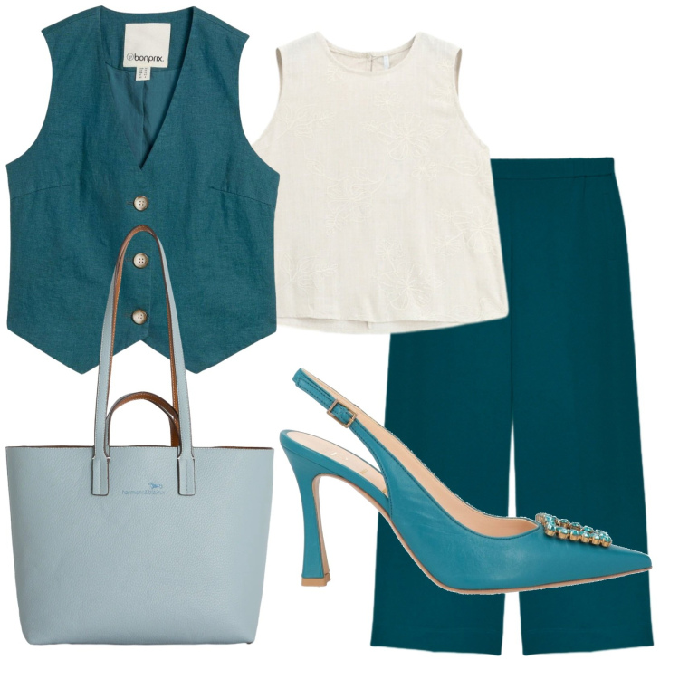 Outfit donna - Total look #2401901. Stile Mannish per Ufficio. Abbinamento con décolleté, gilet, shopping bag, canottiere, pantaloni.