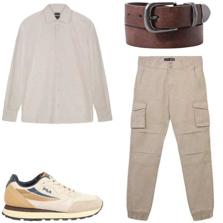 Outfit uomo - Tempo libero. Stile Casual per Tutti i giorni. Abbinamento con sneakers, pantaloni cargo, polo, cinture.