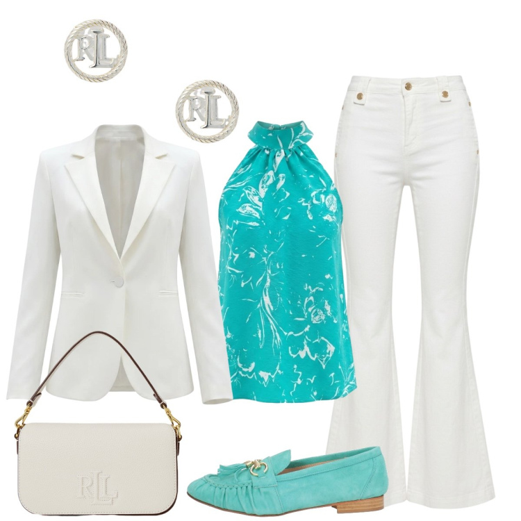 Outfit donna - Bianco e turchese. Stile Chic per Cerimonia. Abbinamento con mocassini, top, pantaloni chino, blazer, orecchini, borse a spalla.