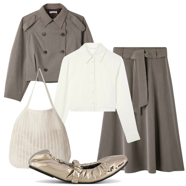 Outfit donna - Total look #2401915. Stile Preppy per Ufficio. Abbinamento con gonne lunghe, camicie, caban, shopping bag, ballerine.