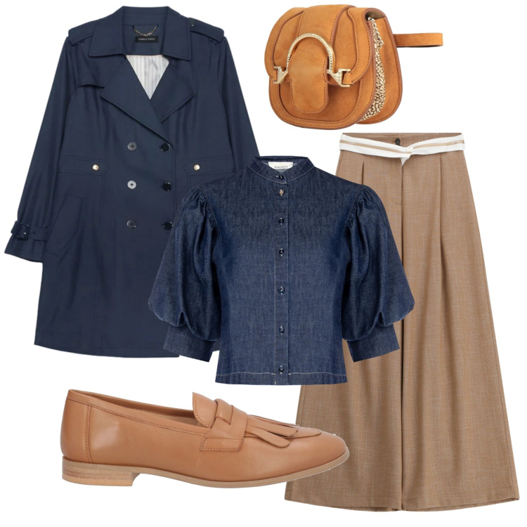 Outfit donna - Total look #2401919. Stile Casual chic per Ufficio. Abbinamento con marsupi, mocassini, pantaloni a palazzo, camicie a manica corta, trench.