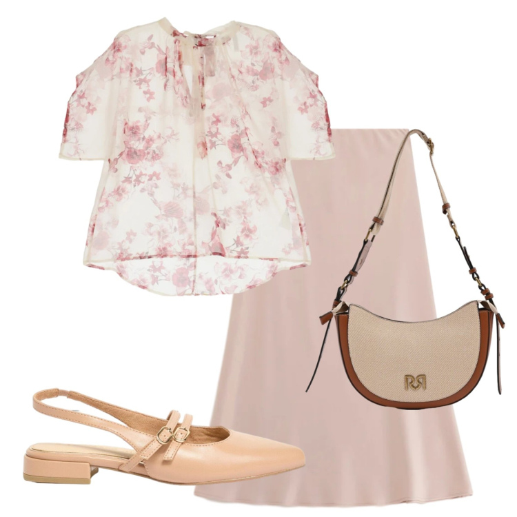 Outfit donna - Aperitivo tra amici. Stile Casual chic per Tutti i giorni. Abbinamento con ballerine, borse a tracolla, gonne longuette, bluse.
