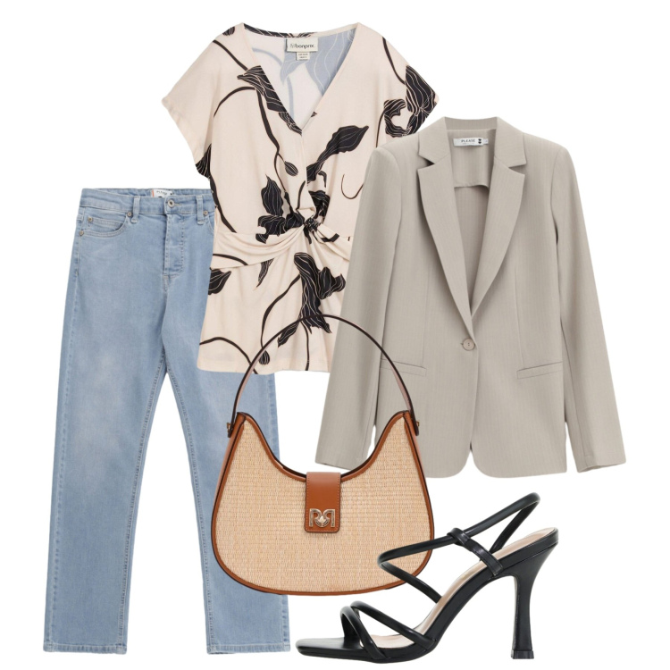 Outfit donna - Tocco elegante. Stile Chic per Tutti i giorni. Abbinamento con bluse, borse a spalla, sandali col tacco, jeans, blazer.