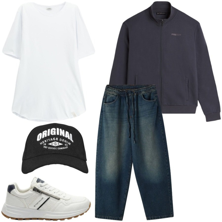 Outfit uomo - Total look #2401933. Stile Urban per Tutti i giorni. Abbinamento con sneakers, cappelli con visiera, jeans, t-shirt, felpe.