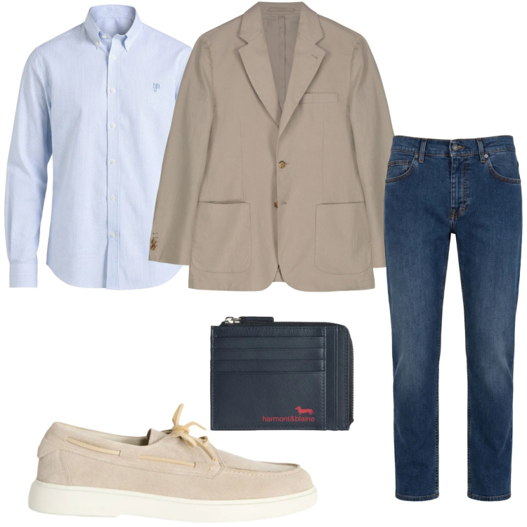 Outfit uomo - Blazer e jeans. Stile Trendy per Tutti i giorni. Abbinamento con jeans, scarpe stringate, portamonete, camicie, giacche.
