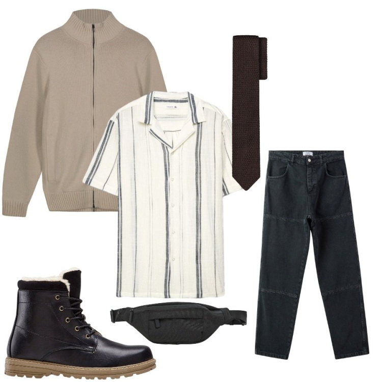 Outfit uomo - Total look #2401940. Stile Casual per Tutti i giorni. Abbinamento con stivali e stivaletti, pantaloni, borse sportive, camicie a manica corta, cardigans, cravatte.