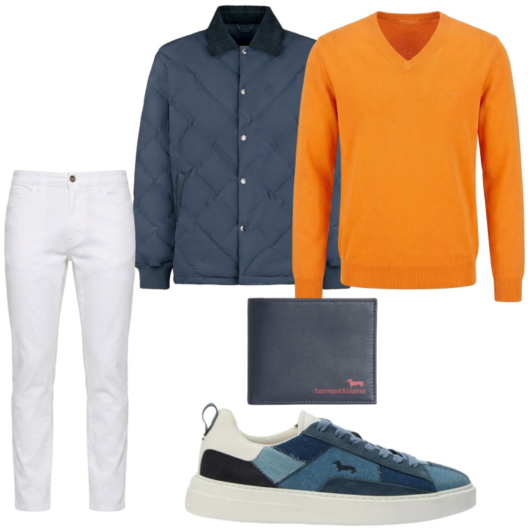 Outfit uomo - Trendy. Stile Trendy per Ufficio. Abbinamento con portafogli, pullovers, jeans, sneakers, giacche.