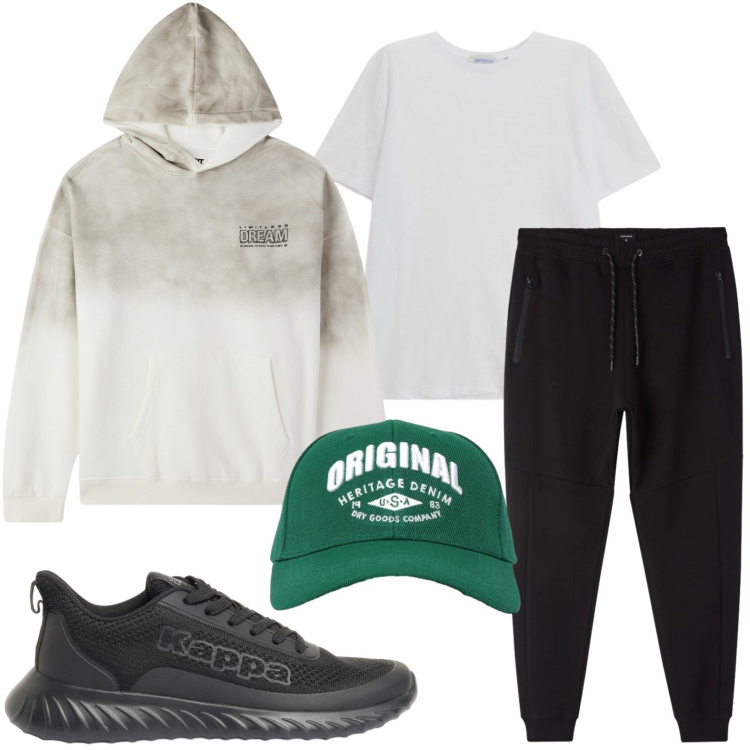 Outfit uomo - Sportivo. Stile Casual per Tutti i giorni. Abbinamento con sneakers, felpe con cappuccio, cappelli con visiera, pantaloni, t-shirt.