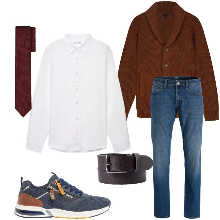 Outfit uomo - Total look #2401950. Stile Casual per Tutti i giorni. Abbinamento con sneakers, jeans slim fit, camicie, cardigans, cravatte, cinture.