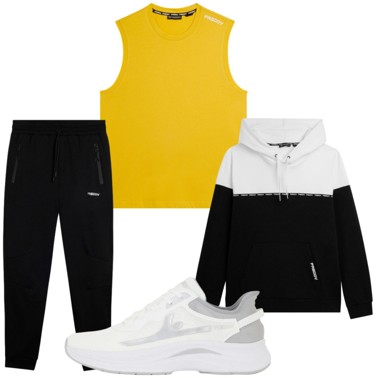 Outfit uomo - Yellow time. Stile Trendy per Tutti i giorni. Abbinamento con pantaloni, canottiere, felpe con cappuccio, sneakers.