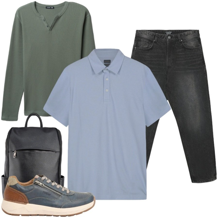 Outfit uomo - Total look #2401955. Stile Casual per Ufficio. Abbinamento con sneakers, jeans, t-shirt, borse sportive, polo.