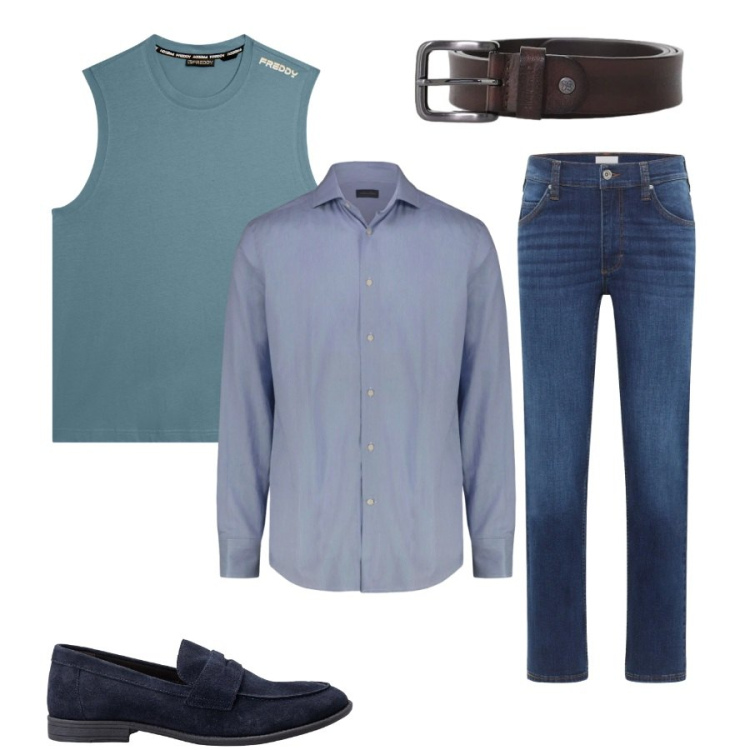 Outfit uomo - Total look #2401956. Stile Casual per Tutti i giorni. Abbinamento con jeans dritti, cinture, canottiere, camicie, scarpe stringate.
