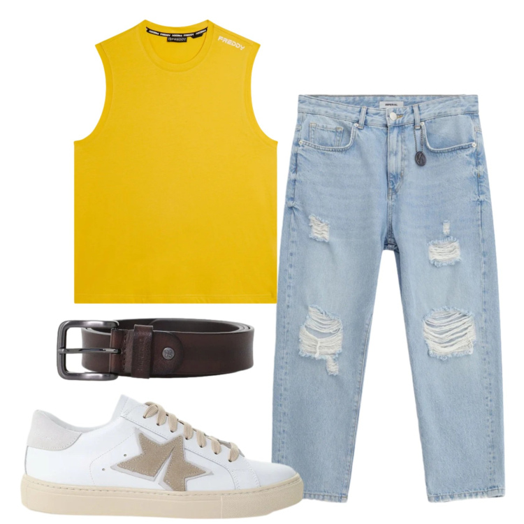 Outfit uomo - Total look #2401966. Stile Urban per Tutti i giorni. Abbinamento con jeans strappati, cinture, sneakers, canottiere.