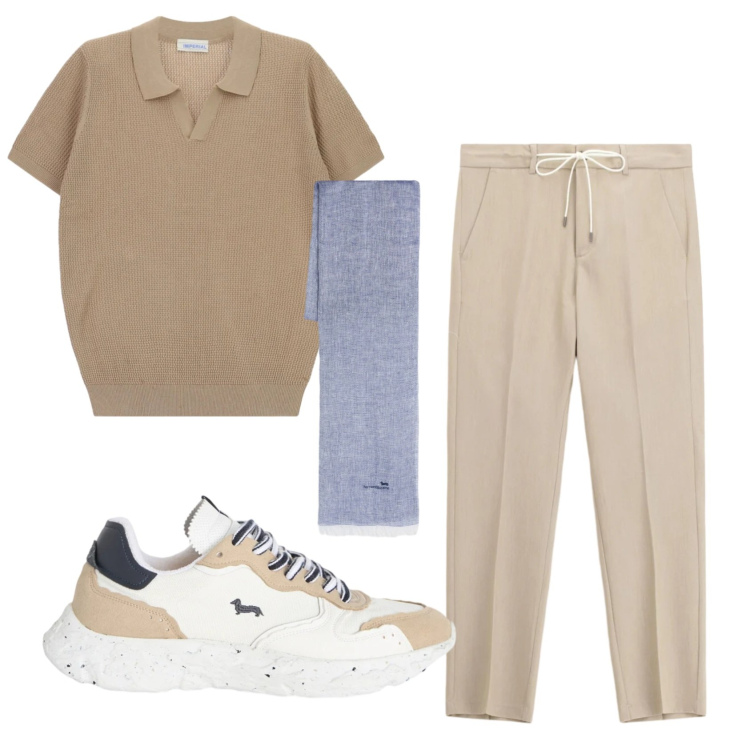 Outfit uomo - Total look #2401968. Stile Trendy per Ufficio. Abbinamento con pantaloni, t-shirt, sciarpe, sneakers.