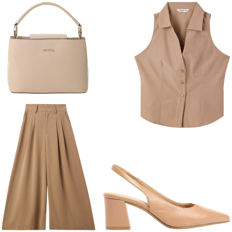 Outfit donna - Total caffè latte. Stile Chic per Ufficio. Abbinamento con décolleté, pantaloni, top, borse a secchiello.